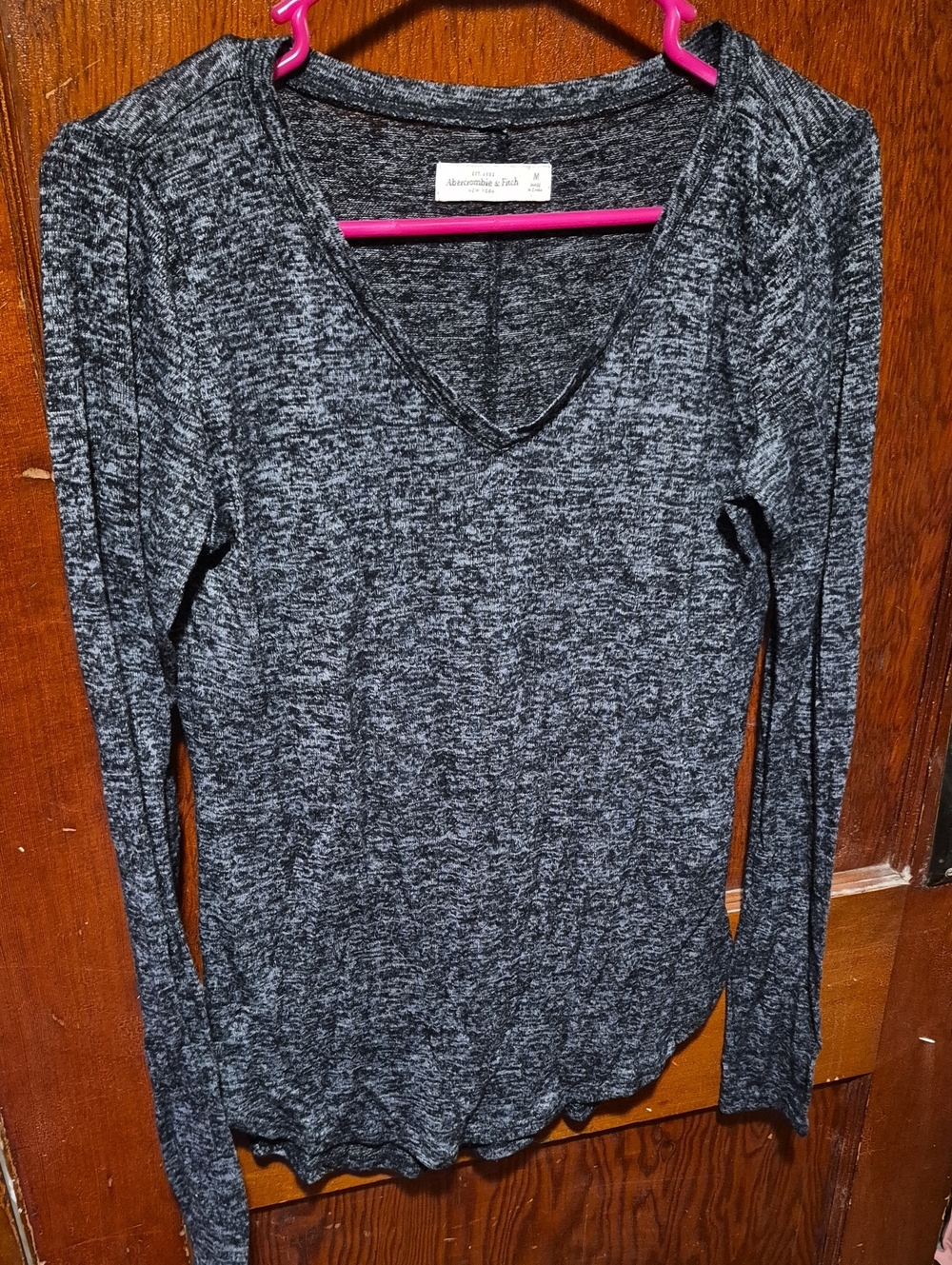 Abercrombie & Fitch Women's Heather Charcoal V-Neck Long Sleeve Top
